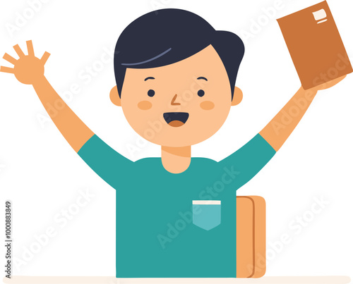 Boy raising a book and smiling, symbolizing learning, education, and achievement in vector illustration