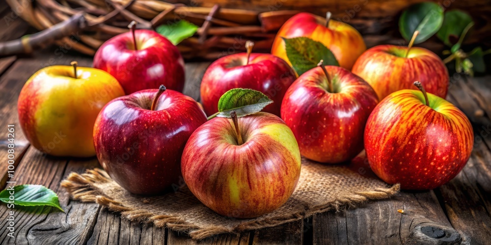 Juicy apples, beautifully displayed on a rustic wooden table, invite you to enjoy healthy snacks or explore creative