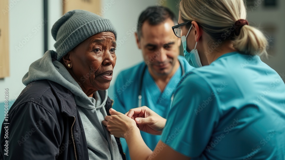 Medical staff in blue scrubs provide attentive care to an elderly patient dressed warmly inside a clinic, emphasizing compassion, health, and attentive medical service in caring environments. Medical staff in blue scrubs provide attentive care to an elderly patient dressed warmly inside a clinic, emphasizing compassion, health, and attentive medical service in caring environments.