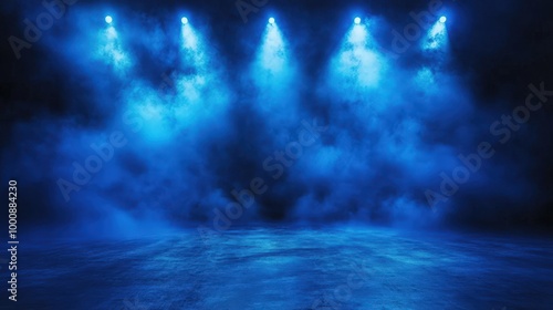 Dark Blue Stage with Fog and Dramatic Lighting