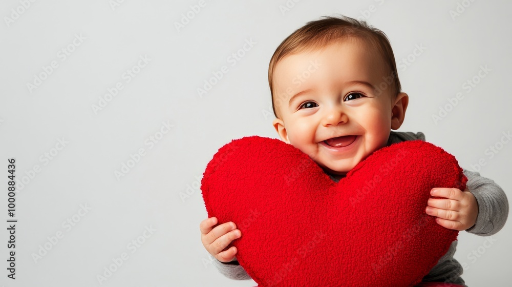 Smiling baby with heart pillow, isolate, text space Smiling baby with heart pillow, isolate, text space