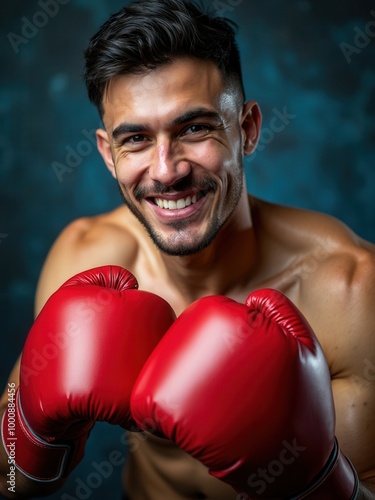 A smiling boxer wearing red gloves stands in a confident stance against a dark background. The image captures his readiness and enthusiasm for the sport. photo