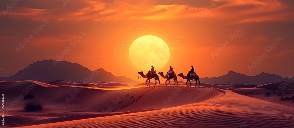 Silhouetted Caravan of Camels Trekking Through the Breathtaking Sahara Desert at Sunset Silhouetted Caravan of Camels Trekking Through the Breathtaking Sahara Desert at Sunset