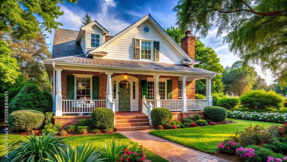 Lovely whitewashed brick residence surrounded by lush greenery, featuring a cozy front porch that invites warmth and Lovely whitewashed brick residence surrounded by lush greenery, featuring a cozy front porch that invites warmth and