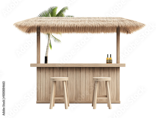 Wooden tiki bar on beach, isolate background