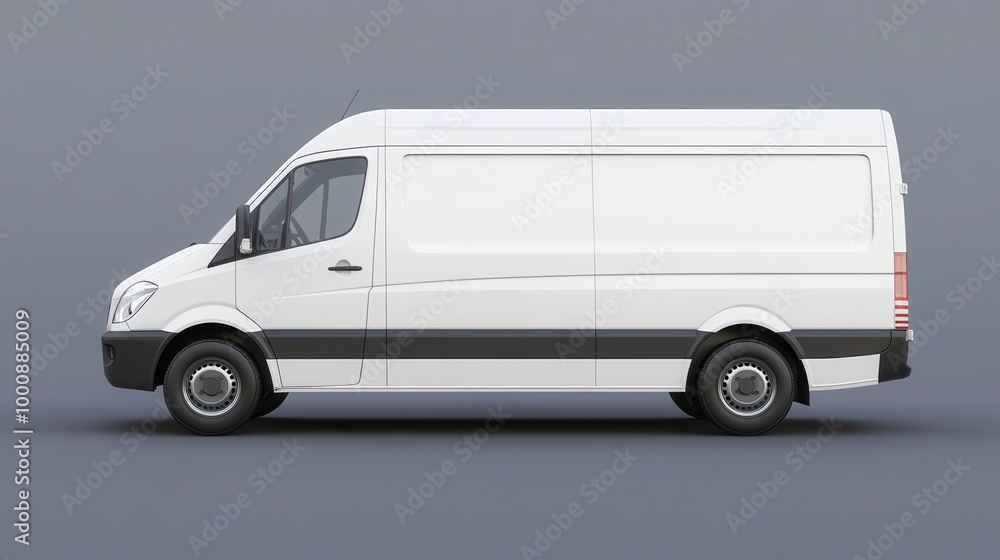 White delivery van, side view, isolated on a plain gray background, simple and clean design White delivery van, side view, isolated on a plain gray background, simple and clean design