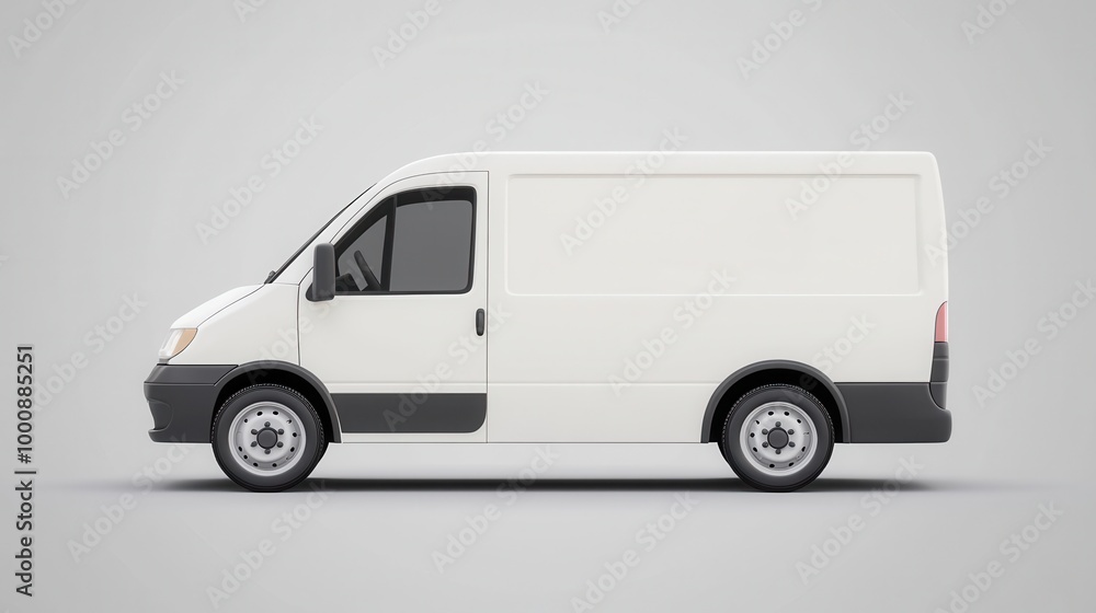 White delivery van, side view, isolated on a plain gray background, simple and clean design White delivery van, side view, isolated on a plain gray background, simple and clean design