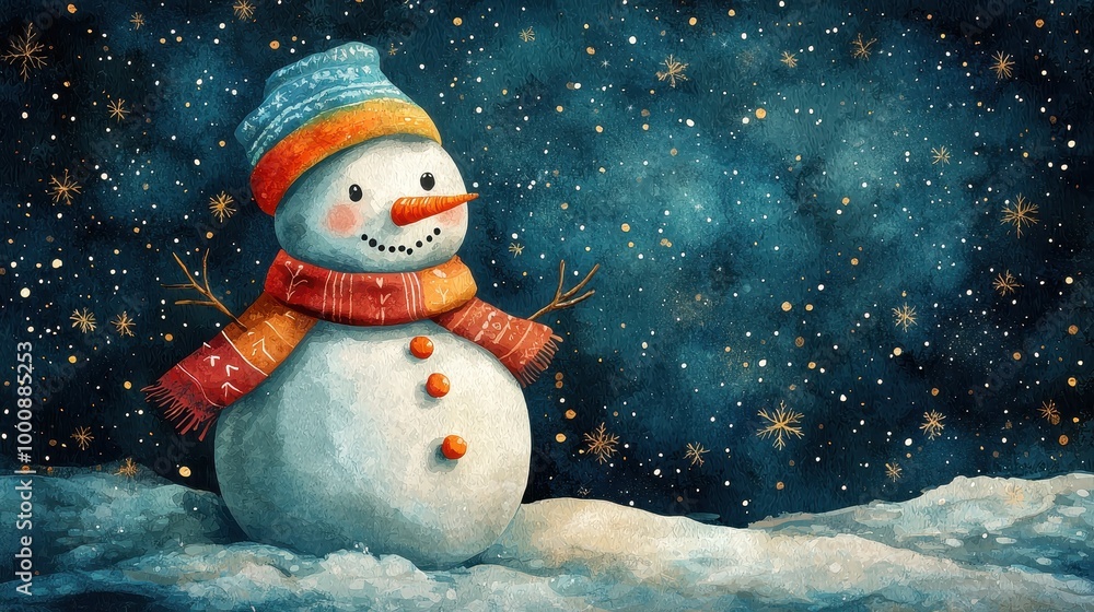 A cheerful snowman stands against a starry night sky, embodying the joy and magic of winter festivities. A cheerful snowman stands against a starry night sky, embodying the joy and magic of winter festivities.