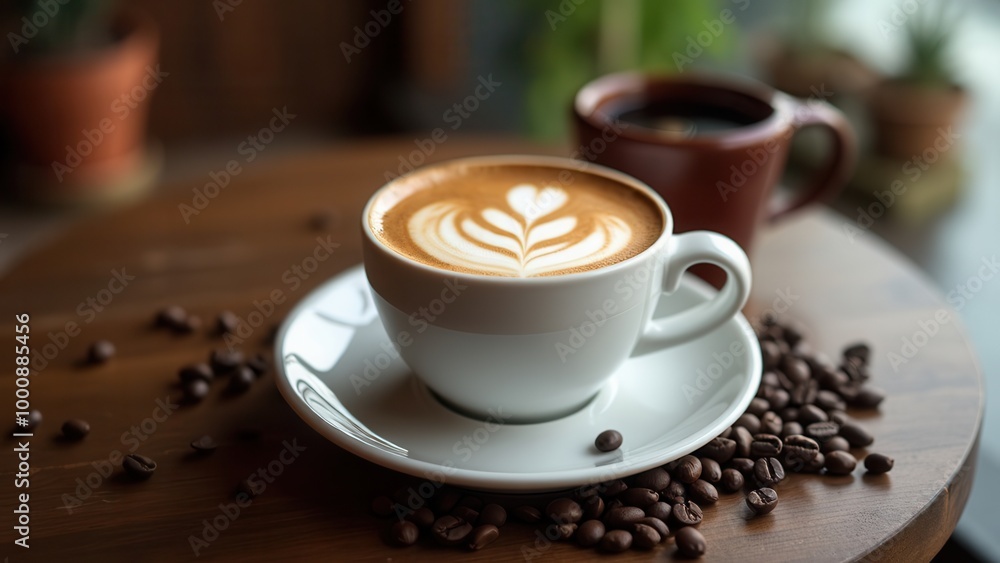 This image captures an artfully prepared cappuccino with an intricate milk foam design served in a white cup, surrounded by coffee beans, set on a wooden surface, creating a cozy coffee shop vibe.