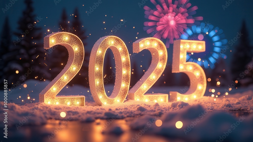 This image showcases the glowing numbers '2025' standing out in a snowy backdrop with colorful fireworks in the background, conveying the festive mood and celebratory spirit of the New Year season, fi This image showcases the glowing numbers '2025' standing out in a snowy backdrop with colorful fireworks in the background, conveying the festive mood and celebratory spirit of the New Year season, fi