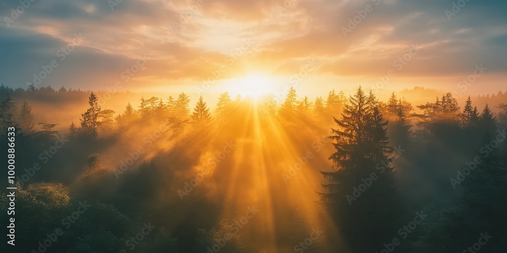 Fototapeta premium Serene Sunrise Over Misty Forest Landscape
