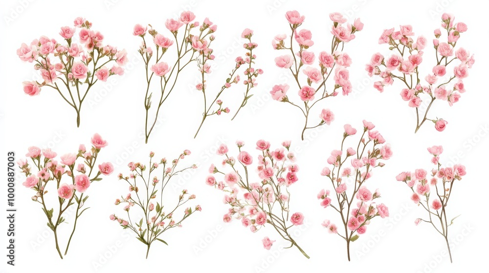 Wax Flower Collection: Pink Twigs in Various Positions for Floral Design, Isolated Top View Wax Flower Collection: Pink Twigs in Various Positions for Floral Design, Isolated Top View