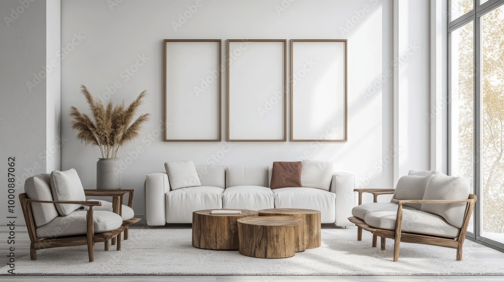 Mock up frame in a modern living room with polished wooden furniture and minimal decor Mock up frame in a modern living room with polished wooden furniture and minimal decor