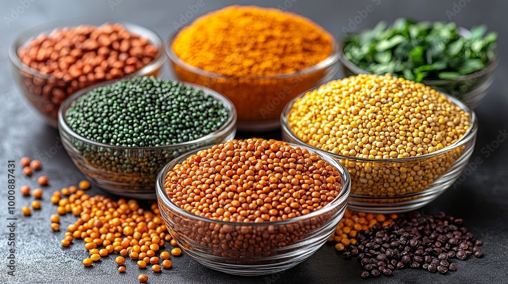 A variety of seeds and grains in bowls on a dark background, showcasing their colors and textures A variety of seeds and grains in bowls on a dark background, showcasing their colors and textures
