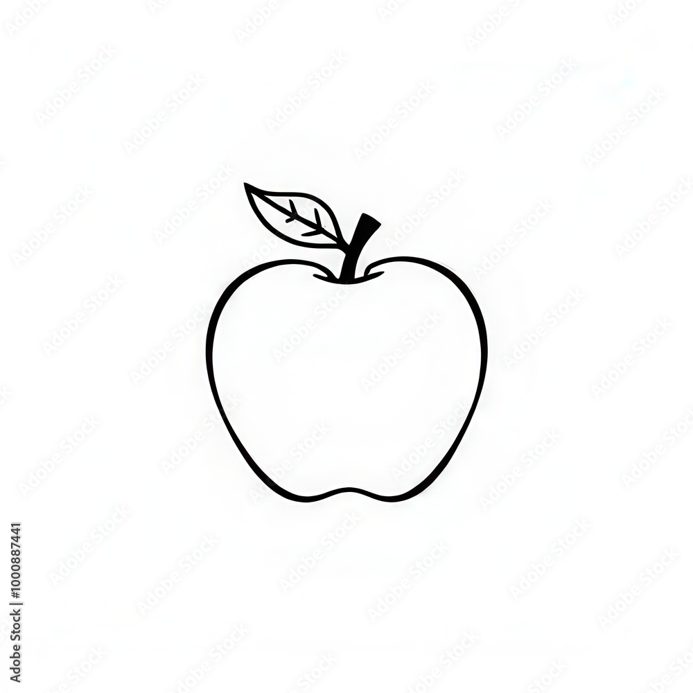 A minimalist drawing of an apple showcases its distinct shape and features, including a single green leaf on top. The apple is outlined in black against a white background, emphasizing its simplicity A minimalist drawing of an apple showcases its distinct shape and features, including a single green leaf on top. The apple is outlined in black against a white background, emphasizing its simplicity