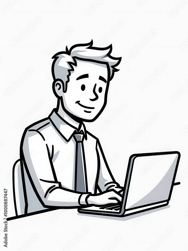 A digitally illustrated businessman wearing a white shirt and tie is seen working diligently on his laptop, symbolizing professionalism, focus, and dedication in a corporate setting. A digitally illustrated businessman wearing a white shirt and tie is seen working diligently on his laptop, symbolizing professionalism, focus, and dedication in a corporate setting.
