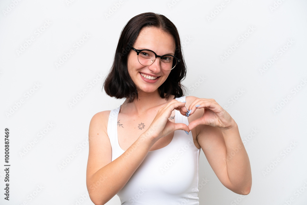 Young caucasian woman isolated on white background With glasses making heart with hands Young caucasian woman isolated on white background With glasses making heart with hands