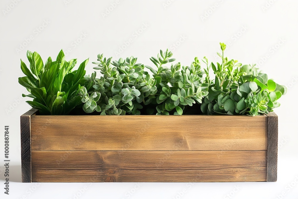 White backdrop with isolated plants in a wooden planter box. Generative Ai White backdrop with isolated plants in a wooden planter box. Generative Ai