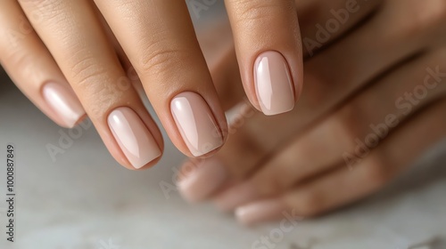 Closeup of a hand with nude-colored, square-shaped nails.