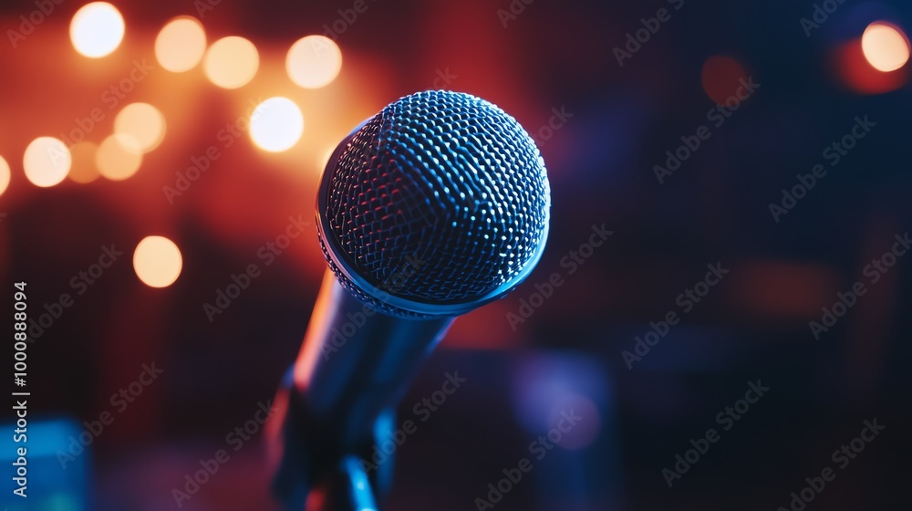 A microphone on a stand in front of a stage with blurred lights in the background. A microphone on a stand in front of a stage with blurred lights in the background.