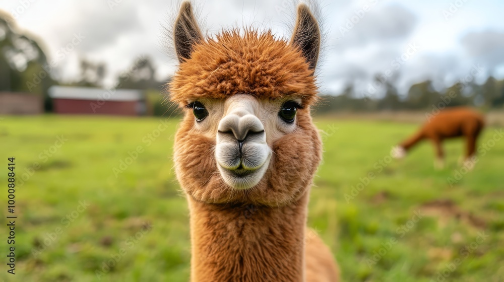 Obraz premium Llama's Gaze, CloseUp Perspective with Majestic Horse in the Background