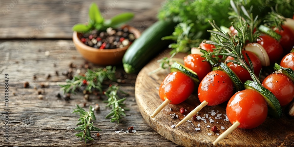 A close-up of skewers with cherry tomatoes, zucchini, and rosemary sprigs, resting on a wooden cutting board, surrounded by scattered herbs and spices A close-up of skewers with cherry tomatoes, zucchini, and rosemary sprigs, resting on a wooden cutting board, surrounded by scattered herbs and spices
