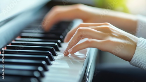 Close-up of hands playing a piano.