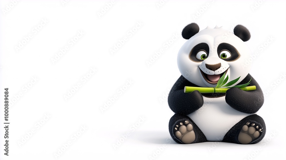 Playful Cartoon Panda Enjoying Bamboo Snack on White Background Playful Cartoon Panda Enjoying Bamboo Snack on White Background