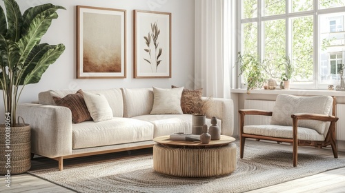 Mock up frame in an elegant living room with natural wooden furniture and light, airy decor 
