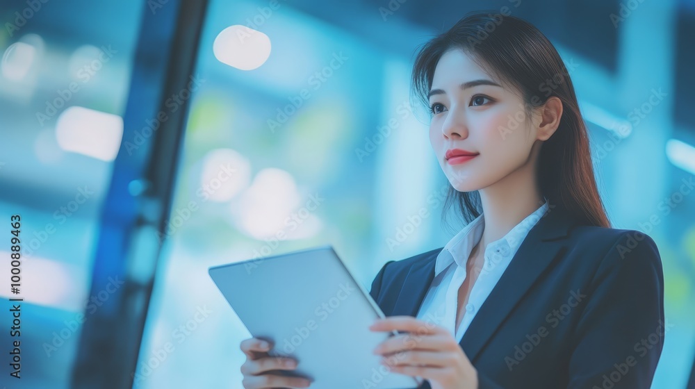 Fototapeta premium Confident Businesswoman in Suit Reviews Information on Tablet