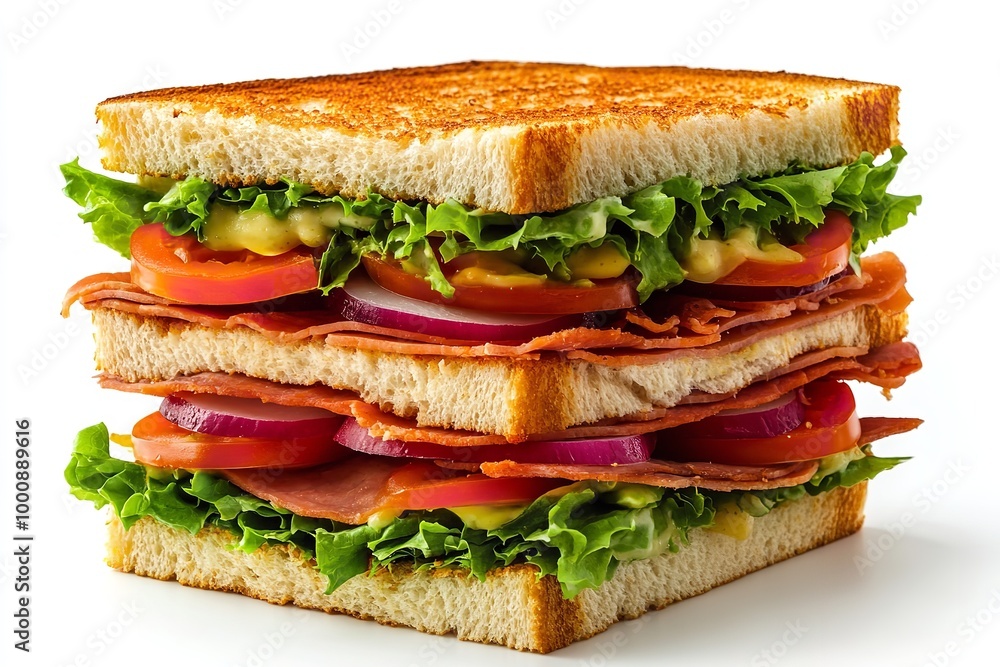 Isolate tall sandwich on white backdrop. Generative Ai Isolate tall sandwich on white backdrop. Generative Ai