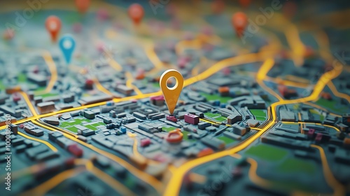 Close-up of a 3D model city map with a yellow pin marking a location.