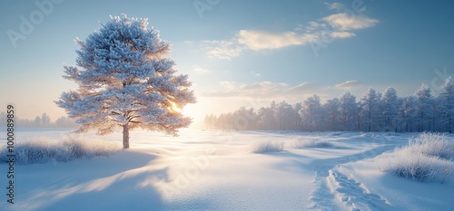 Snowy landscape with a lone tree, golden sunrise and a path in the snow.