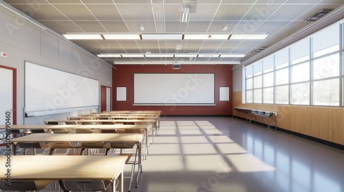 A large empty classroom with a white board and a projector