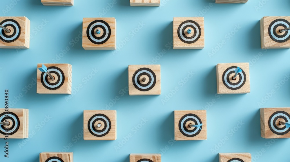 Wooden blocks with black bullseye targets arrows attached center displayed on light blue background. Repetitive pattern highlights focus, precision, and goal-setting concepts in abstract form. Wooden blocks with black bullseye targets arrows attached center displayed on light blue background. Repetitive pattern highlights focus, precision, and goal-setting concepts in abstract form.