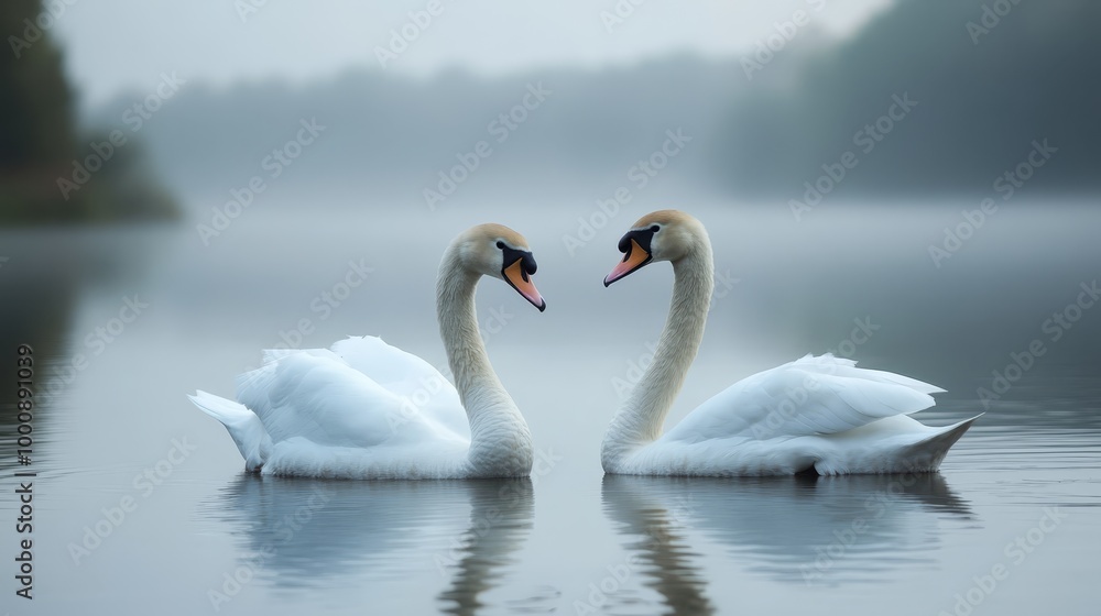 Fototapeta premium Serene Encounter, Two Swans in Perfect Harmony on Tranquil Lake Two