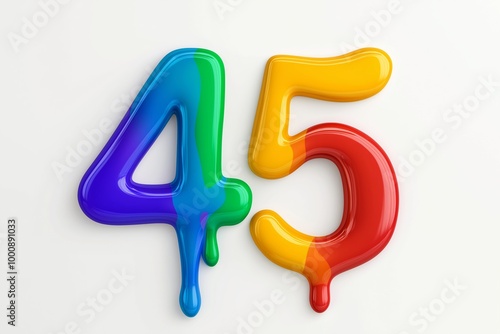 The number 45 is in red and yellow. It is surrounded by a splash of paint. number 45 composed of colored paint, dynamic splash, floating on pure white background, minimalist, 3d rendering