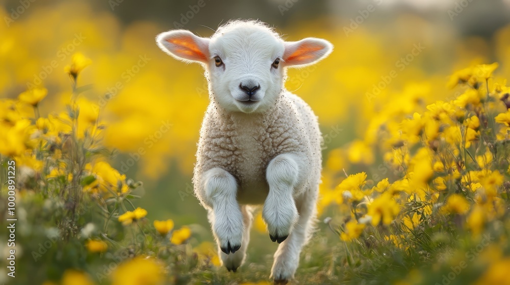 Baby Lamb's Delightful Sprint through Field of Flowers, Captivating Glimpse of Springtime Joy Baby Lamb's Delightful Sprint through Field of Flowers, Captivating Glimpse of Springtime Joy