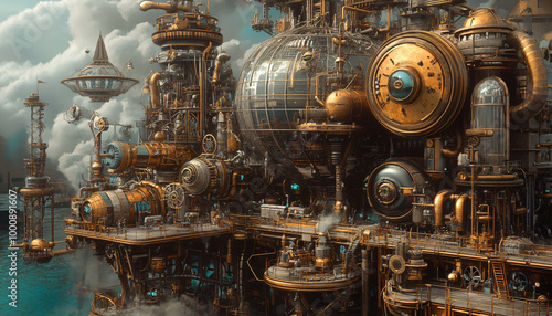 A Victorian-inspired mechanical world with gears, cogs, steam pipes, and brass accents, blending fantasy with machinery