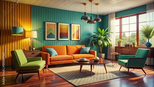 Sophisticated mid-century design highlights bold colors and vintage furniture, crafting an inviting living area that