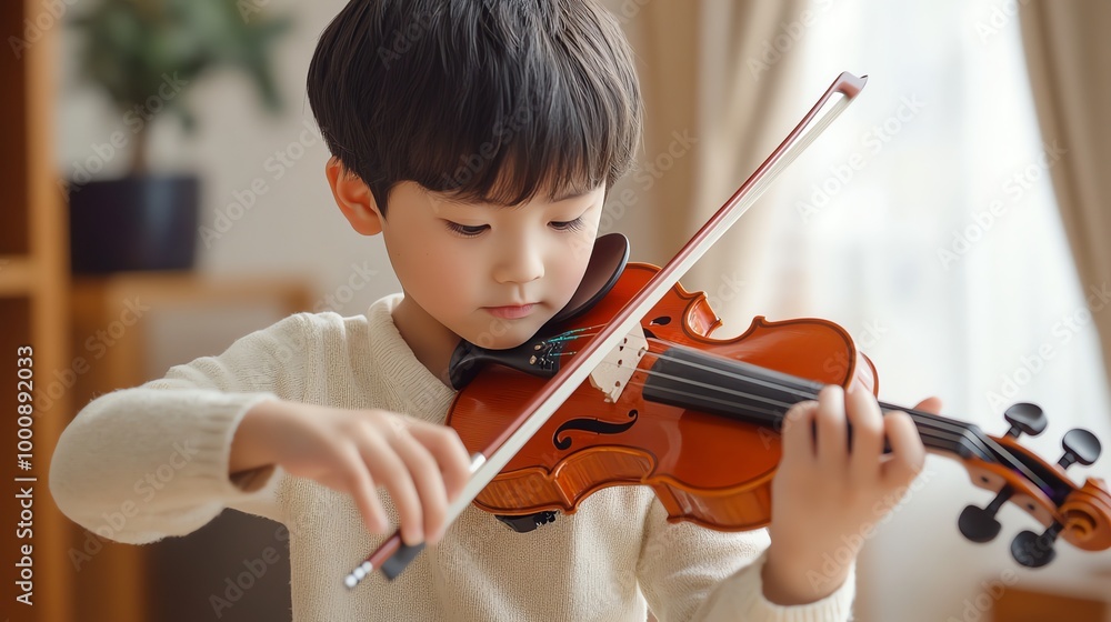A young boy is playing the violin. A young boy is playing the violin.