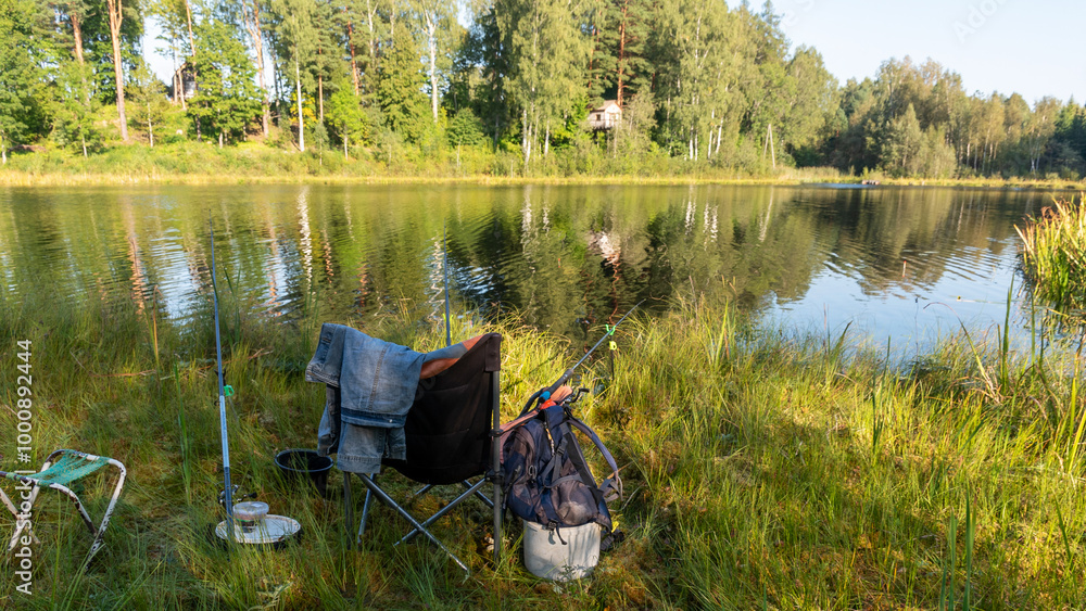 a beautiful landscape with a small forest lake, a fisherman's view of the lake, various fishing attributes a beautiful landscape with a small forest lake, a fisherman's view of the lake, various fishing attributes
