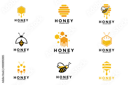 Set of Honey logo design vector, Bee Farm, honey farm logo design collections