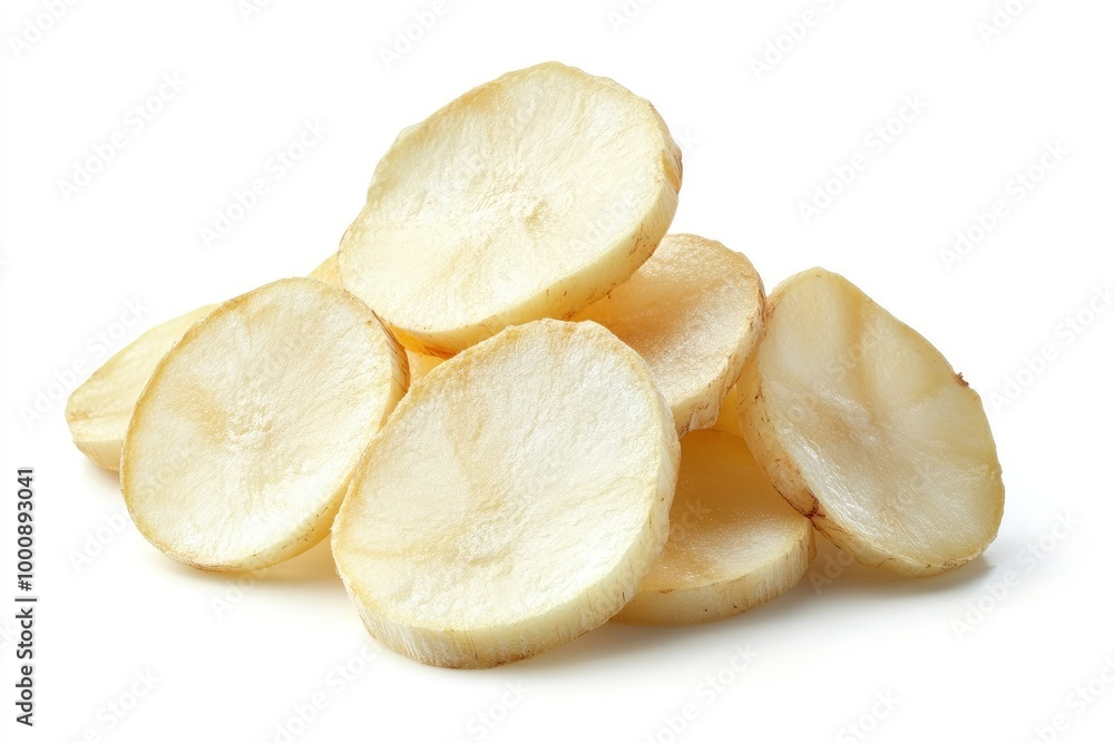 Cassava chips snack made of cassava which is thinly sliced and then fried isolated on a white background - generative ai Cassava chips snack made of cassava which is thinly sliced and then fried isolated on a white background - generative ai