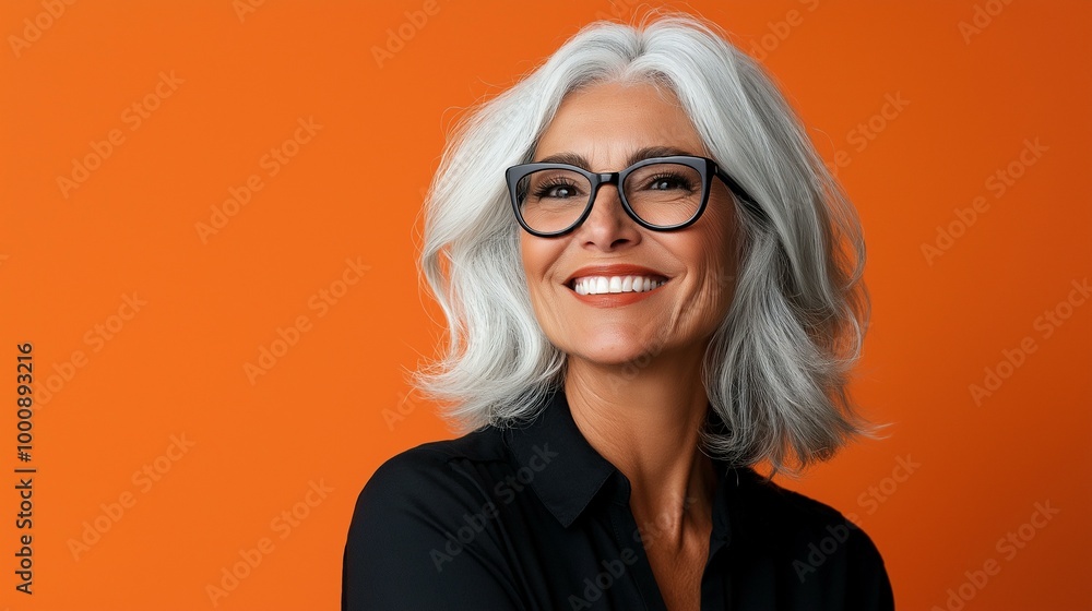Elegant Woman with White Hair Smiling Against Vibrant Orange Background Elegant Woman with White Hair Smiling Against Vibrant Orange Background