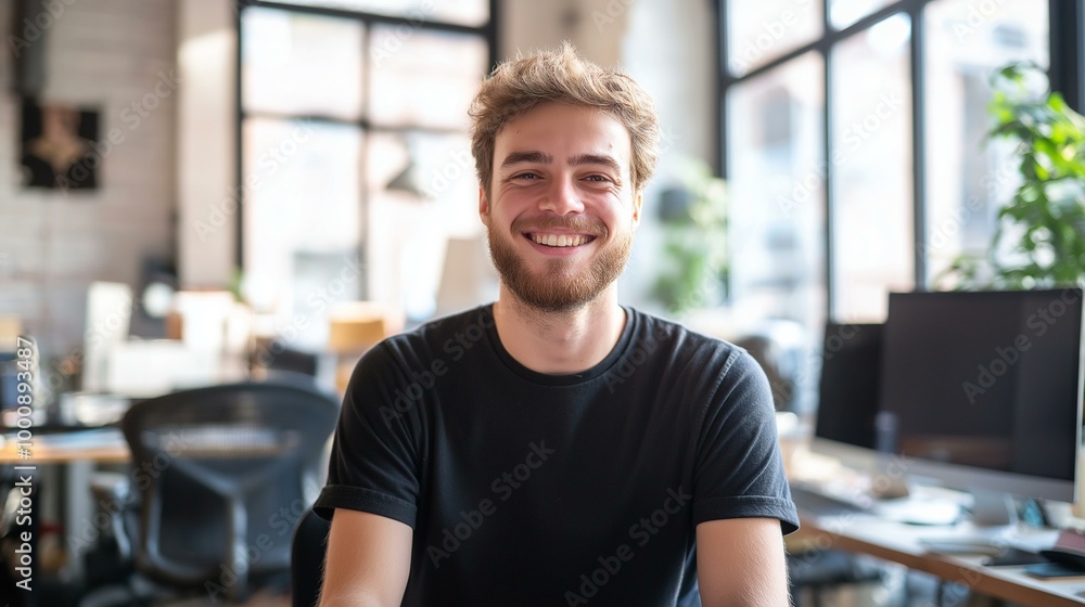Young Professional Smiling in Office, Wearing Black T-shirt, Exhibiting Confidence and Positivity in a Modern Workplace Environment Young Professional Smiling in Office, Wearing Black T-shirt, Exhibiting Confidence and Positivity in a Modern Workplace Environment