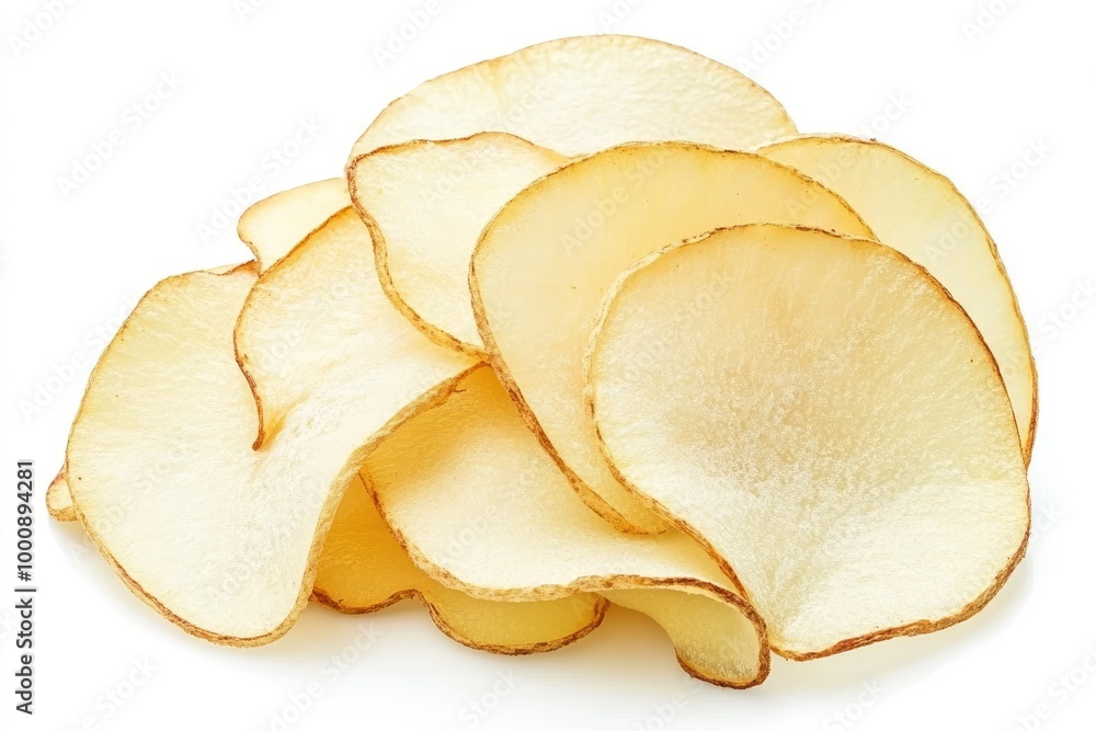 Cassava chips snack made of cassava which is thinly sliced and then fried isolated on a white background - generative ai Cassava chips snack made of cassava which is thinly sliced and then fried isolated on a white background - generative ai