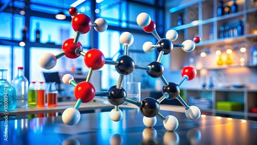 The chemical structure of propanoic acid is presented using a molecular model, set within a well-equipped laboratory, photo