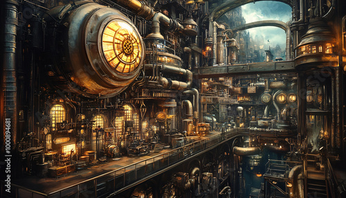 A Victorian-inspired mechanical world with gears, cogs, steam pipes, and brass accents, blending fantasy with machinery