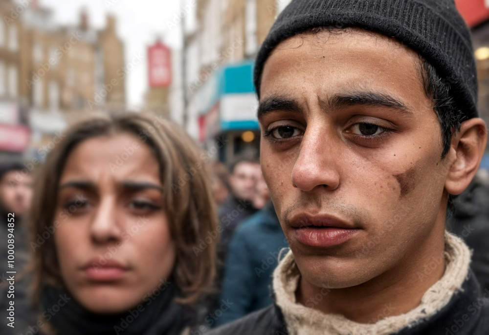 crowd in the city on the streets, arabic young adult man and woman or teenage girl and boy, sad and desperate, depressed and traumatized, tearful with tears in the eyes crowd in the city on the streets, arabic young adult man and woman or teenage girl and boy, sad and desperate, depressed and traumatized, tearful with tears in the eyes